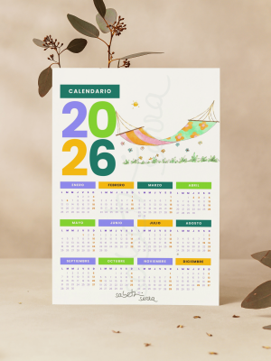 CALENDARIO DE PARED 2026 CON TUMBONA DE JARDÍN EN ACUARELA