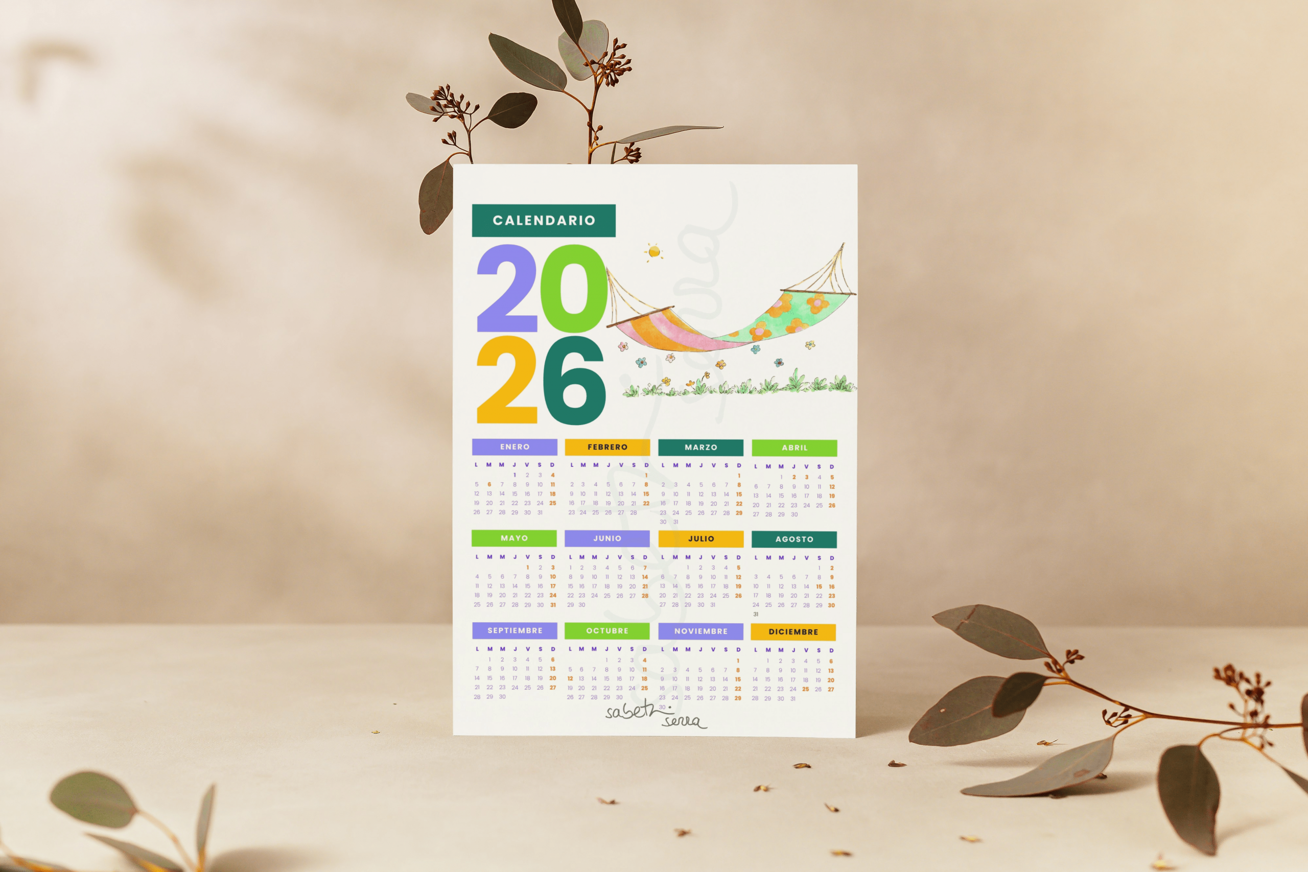 CALENDARIO DE PARED 2026 CON TUMBONA DE JARDÍN EN ACUARELA